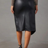 Women's High-Waisted Faux Leather Skirt - Asymmetric Wrap Design - Knotted Waist Midi