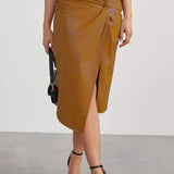 Women's High-Waisted Faux Leather Skirt - Asymmetric Wrap Design - Knotted Waist Midi