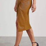 Women's High-Waisted Faux Leather Skirt - Asymmetric Wrap Design - Knotted Waist Midi