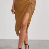 Women's High-Waisted Faux Leather Skirt - Asymmetric Wrap Design - Knotted Waist Midi