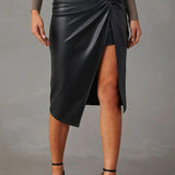 Women's High-Waisted Faux Leather Skirt - Asymmetric Wrap Design - Knotted Waist Midi