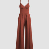 Women's Jumpsuit - Sleeveless V-Neck - Spaghetti Straps - Wide-Leg Full Length