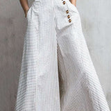 Women's High-Waisted Culottes - Wide Leg - Striped Pattern - Cropped Length - Button Detail