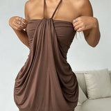 Charlotte | Chocolate Luxurious Mini Dress Neck-Tie