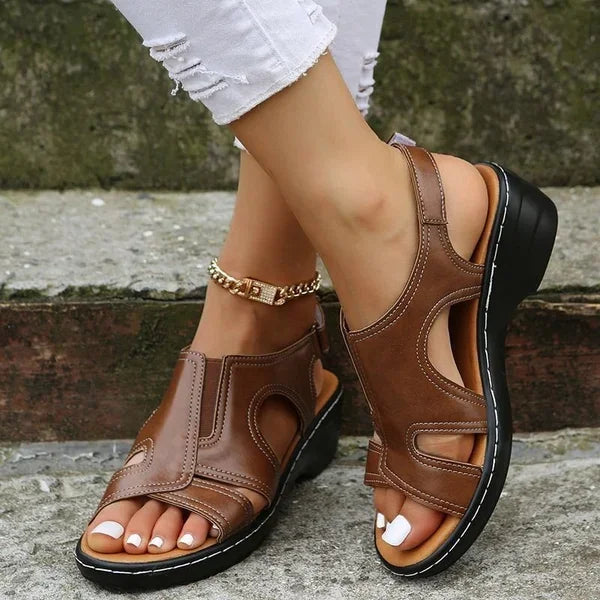 Women's Orthopedic Wedge Sandals - Synthetic Leather - Cut-Out Design - Adjustable Strap - Open Toe