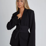 Women's Blazer - Tailored Fit - Wide Belted Waist - Structured Shoulders - Formal Wear
