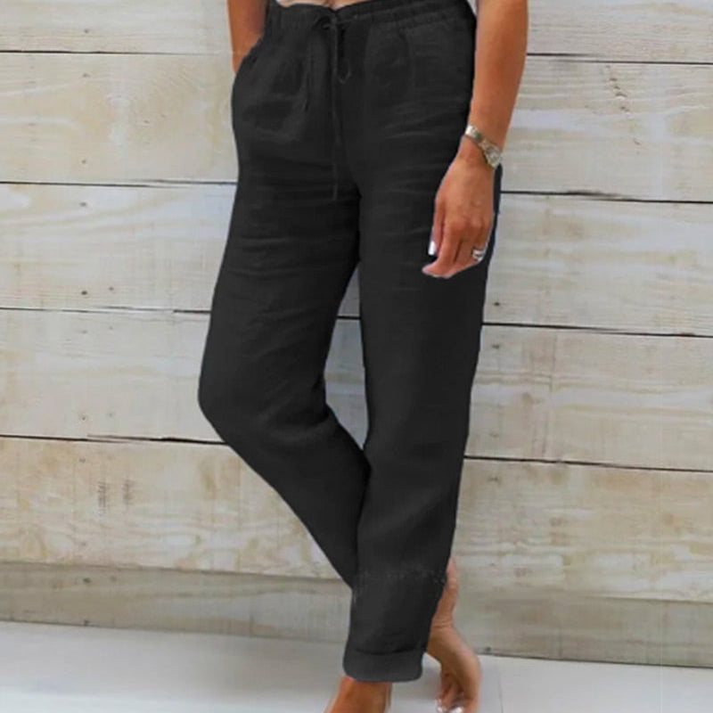 Women's Relaxed Fit Trousers - Elastic Waist - Breathable Drawstring Casual Wear