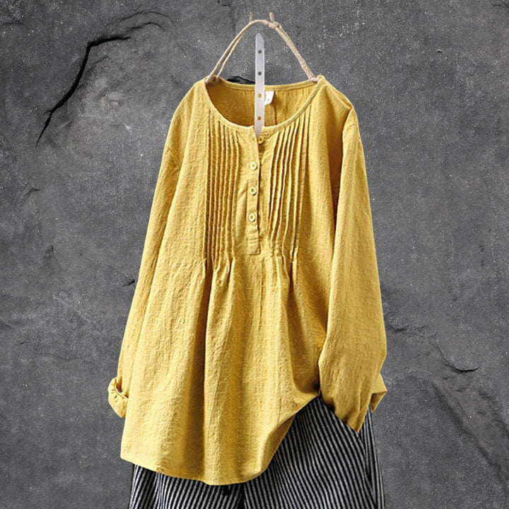 Women's Blouse - Loose Fit - Round Neck - Pintuck Pleats - Long Sleeve Buttoned Front