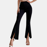 Women's High-Waisted Flare Trousers - Slim Fit - Stretch Fabric - Front Slit Hem