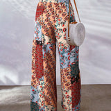 Women's Palazzo Trousers - High Waist - Wide Leg - Adjustable Drawstring - Boho Print