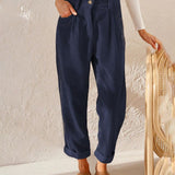 Women's High-Waisted Trousers - Pleated Front - Relaxed Fit - Cuffed Hem Ribbed Fabric