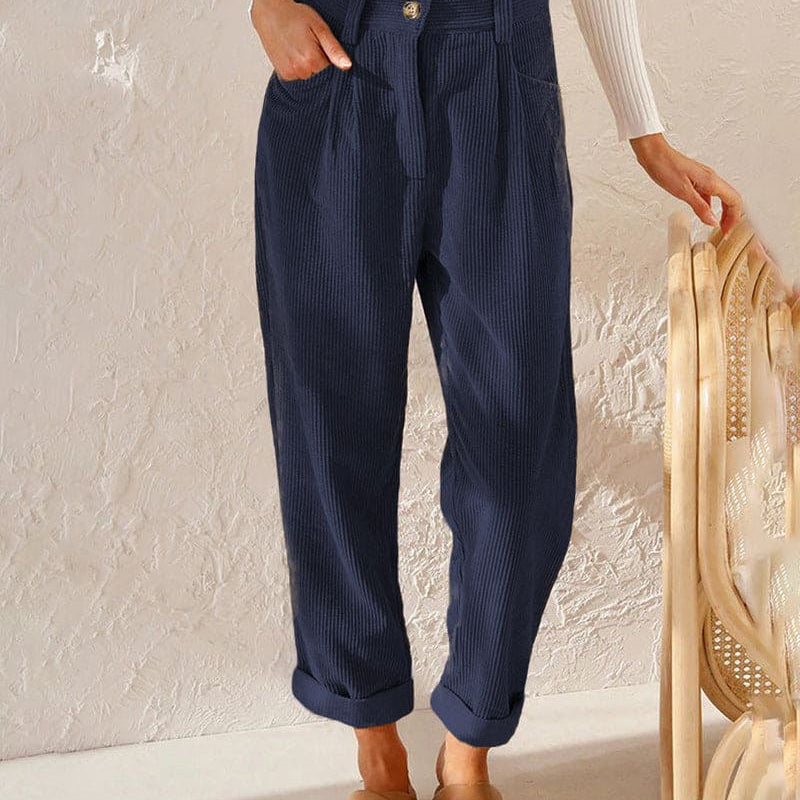 Women's High-Waisted Trousers - Pleated Front - Relaxed Fit - Cuffed Hem Ribbed Fabric