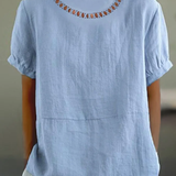 Women’s Blouse – Relaxed Fit – Short Sleeve Rolled Cuffs – Decorative Cutout Neckline – Breathable Blend