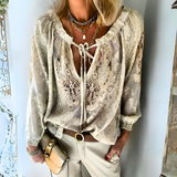 Women’s Boho Blouse – Crocheted Fabric – Relaxed Fit – Long Sleeve – Drawstring Neckline