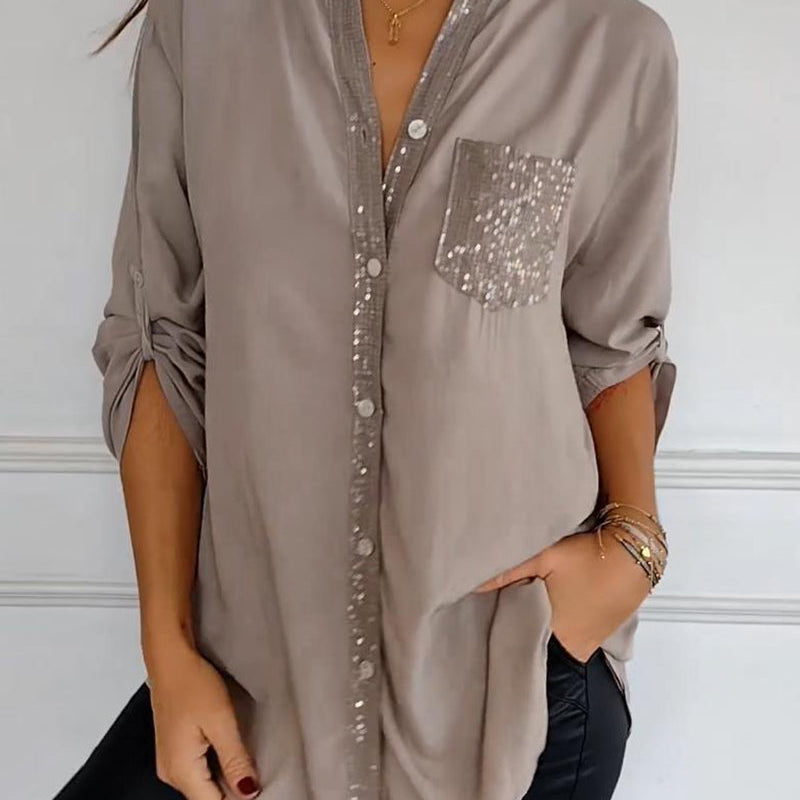 Women’s Blouse – Relaxed Fit – Sequin Placket – Roll Tab Sleeves – Breathable Blend