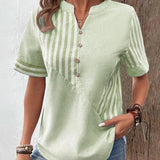 Women's Blouse - Lightweight Breathable Fabric - Striped - Mandarin Collar - Short Cuffed Sleeves