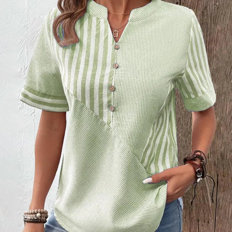 Women's Blouse - Lightweight Breathable Fabric - Striped - Mandarin Collar - Short Cuffed Sleeves