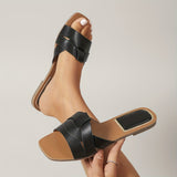 Women's Square Toe Slide Sandals - PU Strappy Flats for Casual Spring & Summer Beachwear