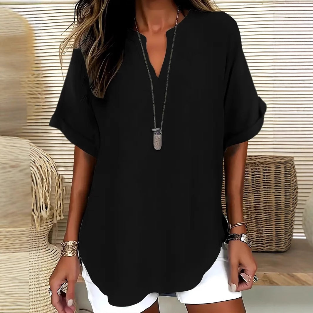 Women’s Blouse – Relaxed Fit – V-Neck – Short Sleeve – Natural Fibers – Hip Length