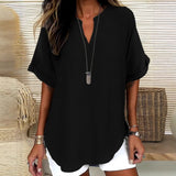 Women’s Blouse – Relaxed Fit – V-Neck – Short Sleeve – Natural Fibers – Hip Length