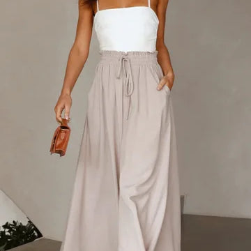 Women's Palazzo Trousers - High Waist - Wide Leg - Elastic Drawstring - Full Length