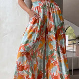 Women's Palazzo Trousers - High Waist - Wide Leg - Elastic Drawstring - Full Length