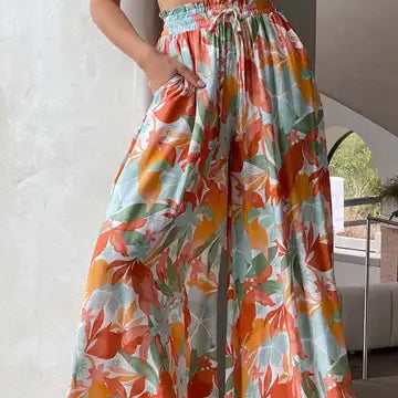 Women's Palazzo Trousers - High Waist - Wide Leg - Elastic Drawstring - Full Length