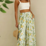 Women's Palazzo Trousers - High Waist - Wide Leg - Elastic Drawstring - Full Length