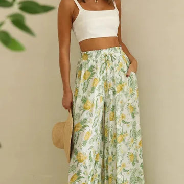 Women's Palazzo Trousers - High Waist - Wide Leg - Elastic Drawstring - Full Length