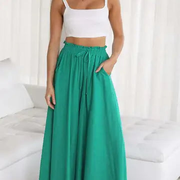 Women's Palazzo Trousers - High Waist - Wide Leg - Elastic Drawstring - Full Length