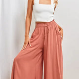 Women's Palazzo Trousers - High Waist - Wide Leg - Elastic Drawstring - Full Length