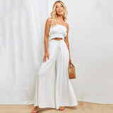 Women's Palazzo Trousers - High Waist - Wide Leg - Elastic Drawstring - Full Length