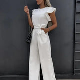 Women's jumpsuit with wide legs and ruffled edge sleeves