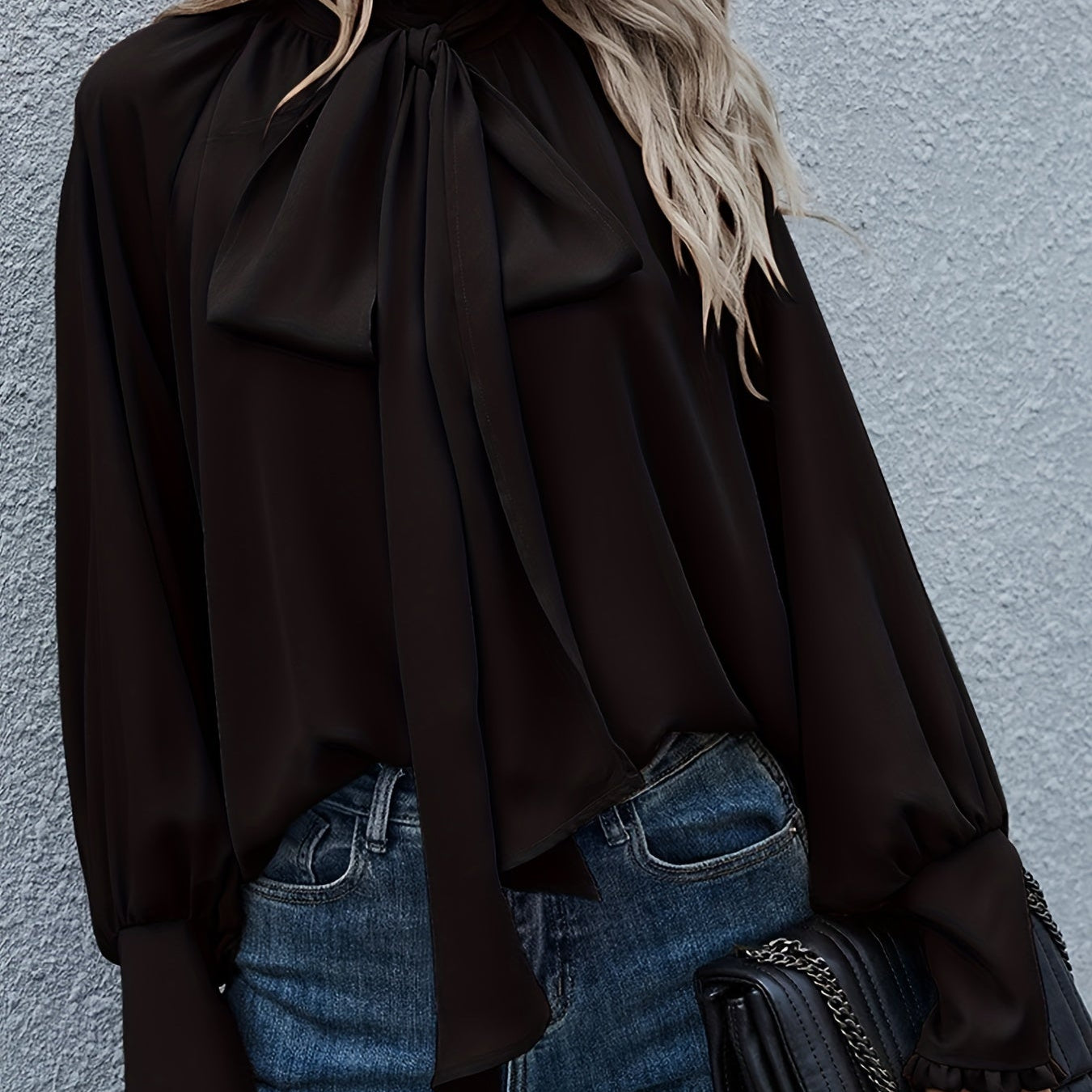 Tie-neck blouse with puff sleeves for women