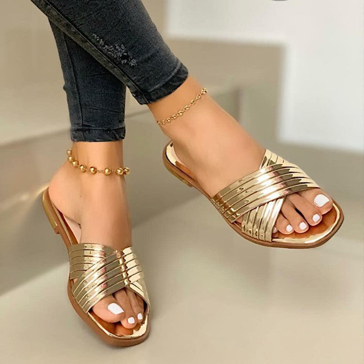 Women’s Flat Sandals – Patent Finish – Crisscross Straps – Open Toe Slip-On Comfort