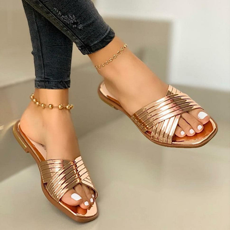 Women’s Flat Sandals – Patent Finish – Crisscross Straps – Open Toe Slip-On Comfort