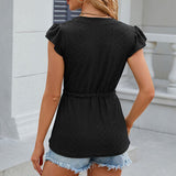 Women’s Blouse – Relaxed Fit – Eyelet Texture – Tie Waist – Notched Neck – Cap Sleeves