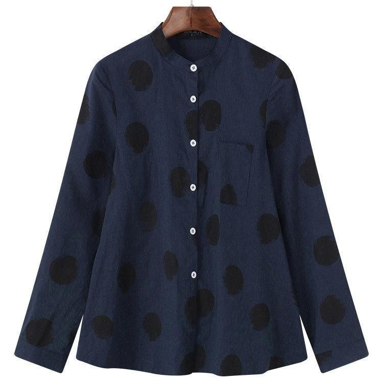 Women’s Blouse – Relaxed Fit – Polka Dot – Button Front – Long Sleeve – Breathable Blend