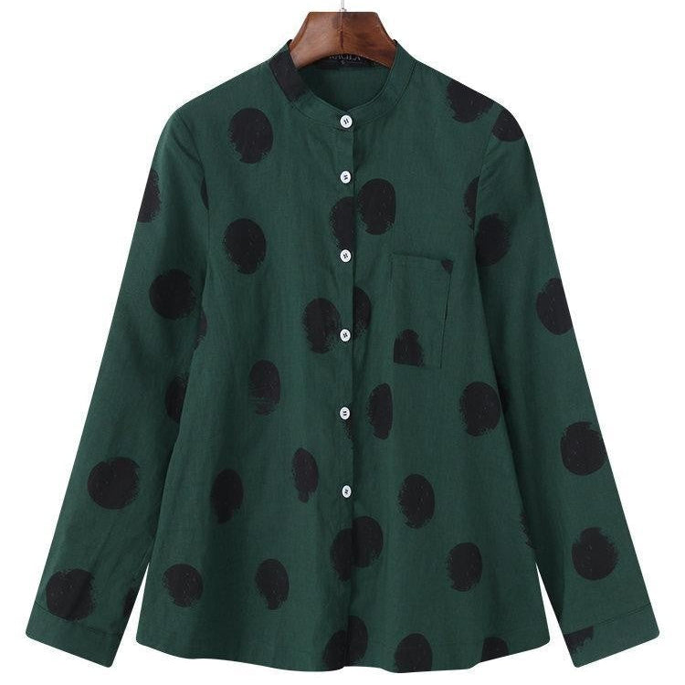 Women’s Blouse – Relaxed Fit – Polka Dot – Button Front – Long Sleeve – Breathable Blend