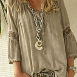 Women’s Blouse – Relaxed Fit – Lace Appliqué – 3/4 Sleeve – Breathable Blend