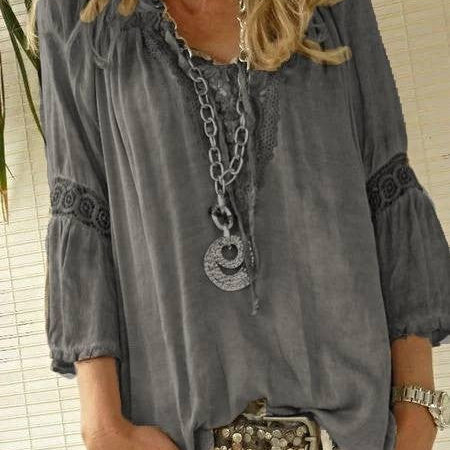 Women’s Blouse – Relaxed Fit – Lace Appliqué – 3/4 Sleeve – Breathable Blend