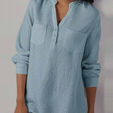 Women’s Blouse – Relaxed Fit – Long Sleeve – Soft Textured – Band Collar – Chest Pockets