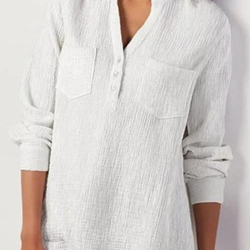 Women’s Blouse – Relaxed Fit – Long Sleeve – Soft Textured – Band Collar – Chest Pockets