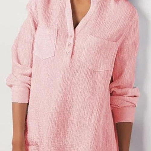 Women’s Blouse – Relaxed Fit – Long Sleeve – Soft Textured – Band Collar – Chest Pockets