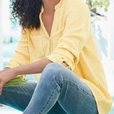 Women’s Blouse – Relaxed Fit – Long Sleeve – Soft Textured – Band Collar – Chest Pockets