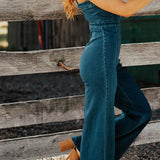 Women's Denim Jumpsuit - Sleeveless Notch Neck - Wide Leg Tailored Fit