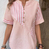 Women's Blouse - Lightweight Breathable Fabric - Striped - Mandarin Collar - Short Cuffed Sleeves