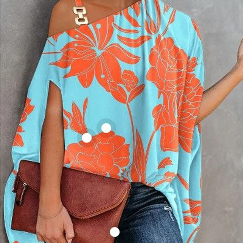 Women’s Off-Shoulder Top – Relaxed Fit – Asymmetric Neckline – Breathable Blend – Geometric Pattern