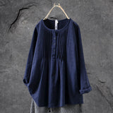 Women's Blouse - Loose Fit - Round Neck - Pintuck Pleats - Long Sleeve Buttoned Front