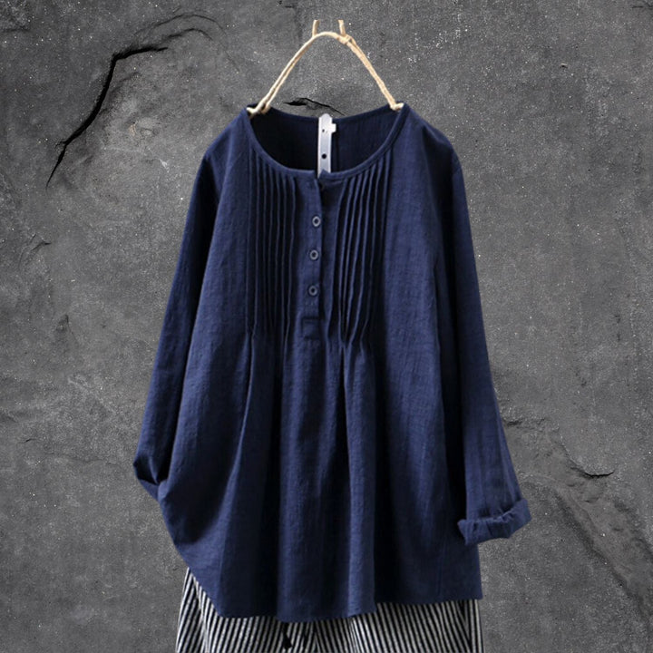 Women's Blouse - Loose Fit - Round Neck - Pintuck Pleats - Long Sleeve Buttoned Front